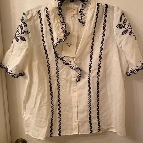 Sezane Tops - Sezane White and Blue Embroidered Top
